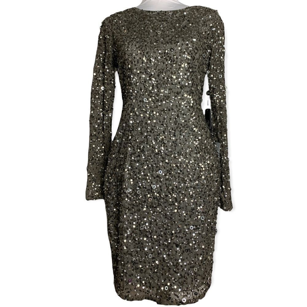 ADRIANNA PAPPELL women’s long sleeve beaded cocktail dress in color Leas sz 8P